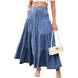 Women Elastic High Waisted A Line Skirt Blue